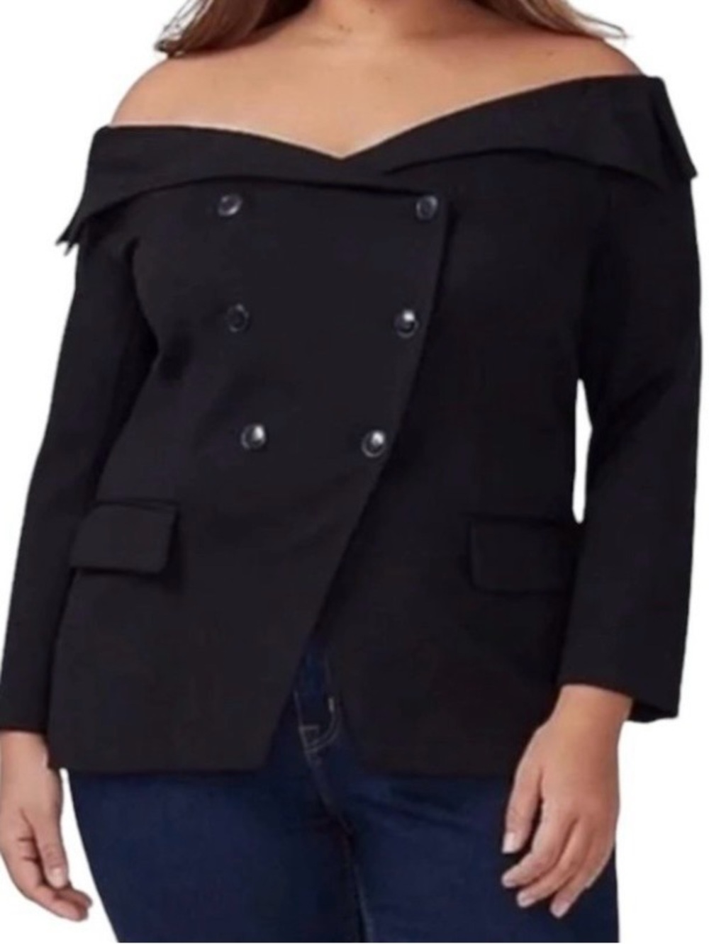 Lane Bryant Black Off-The-Shoulder Ponte Double Breasted Blazer Jacket Size 28